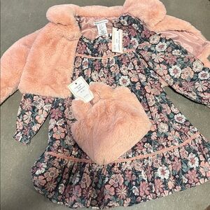 Cupcakes & Cashmere Kids Floral Dress, Faux Fur Jacket and Bag (set of 3 pieces)